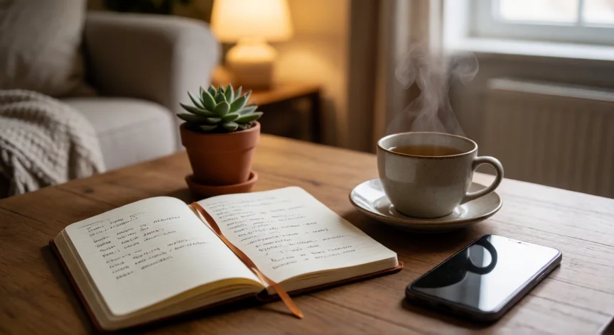 10 consejos para ser empático, Mesa con cuaderno de reflexión, té y móvil boca abajo para practicar la autocompasión