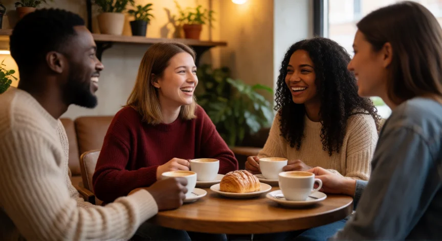 10 consejos para ser feliz, Grupo de amigos riendo y conversando en una mesa de cafetería acogedora