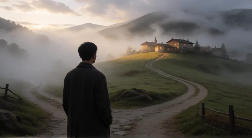 10 consejos para ser mejor persona, Persona contemplando un cruce de caminos en la montaña al amanecer, símbolo de elección personal