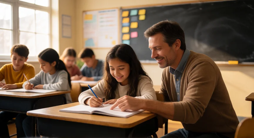 10 consejos para ser un buen maestro, Maestro acompañando a un alumno en el aula con otros estudiantes trabajando en grupo