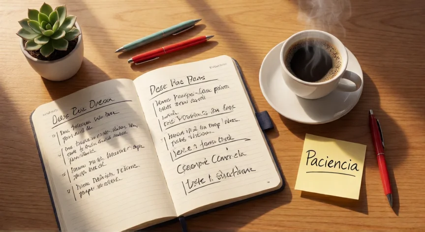 10 consejos para ser un buen maestro, Escritorio de un maestro con plan de clase, café y una nota que dice Paciencia