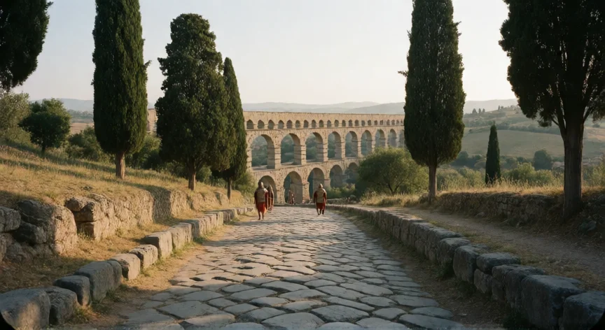 Calzada romana con acueducto de arcos al fondo y soldados caminando bajo luz dorada