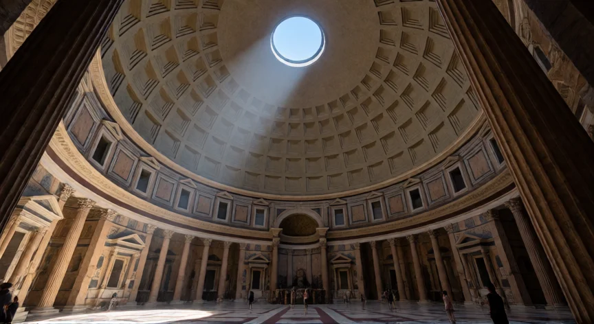 10 cosas que hicieron los romanos, Interior de la cúpula del Panteón de Roma con luz solar entrando por el óculo