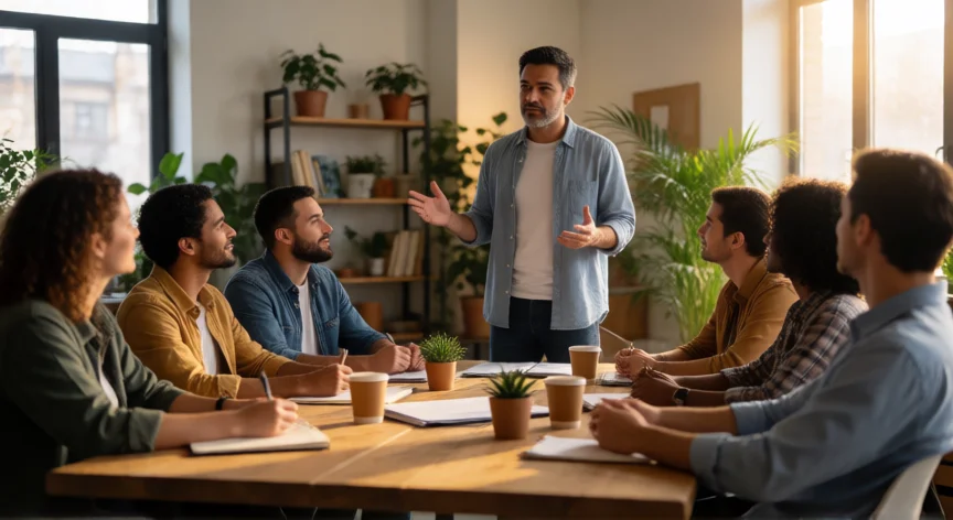 Líder dirigiendo una reunión colaborativa con su equipo en una oficina moderna