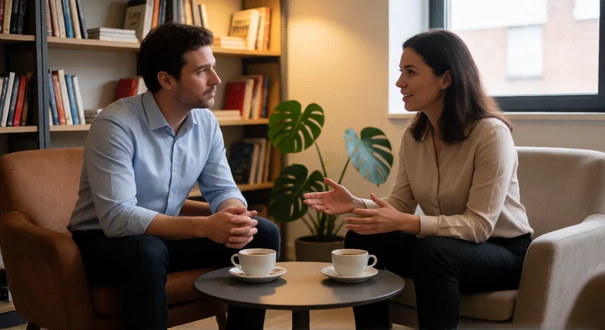 12 consejos para ser un buen líder, Conversación de mentoría uno a uno entre dos profesionales en una oficina