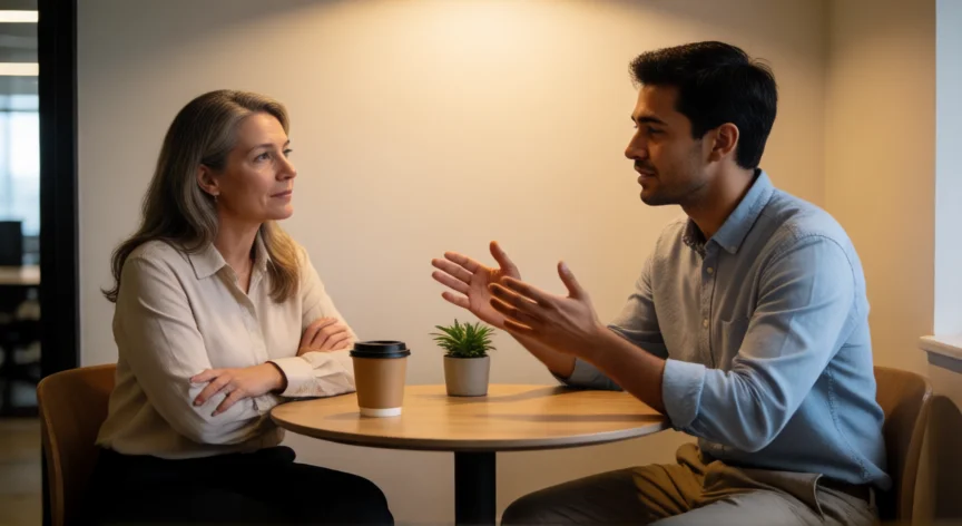 20 consejos para ser un buen líder, Mentora y profesional joven en conversación individual en oficina