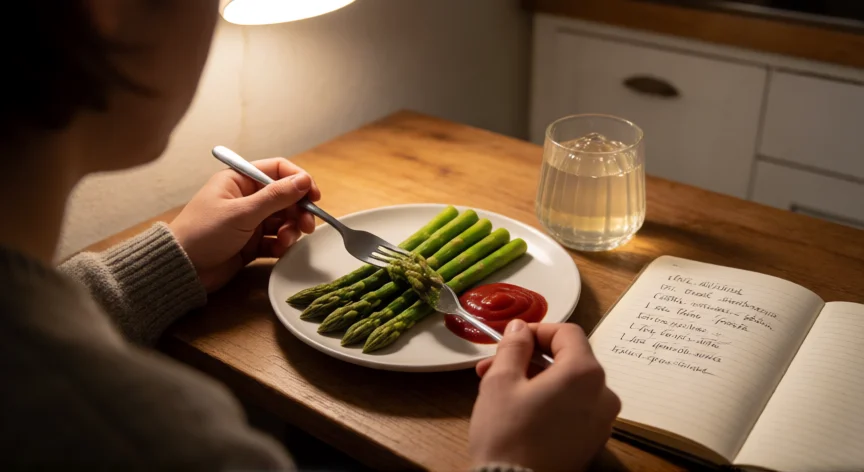 21 malos consejos para ser feliz, Persona comiendo espárragos con kétchup y mirando una libreta de rencores, consejo de comer lo que no le gusta