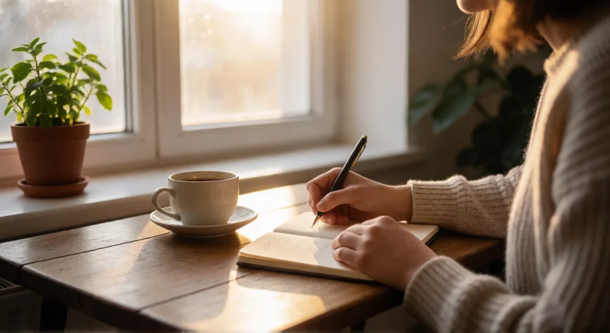 3 consejos para ser feliz, Persona escribiendo en un diario de gratuidad junto a la ventana con luz matinal