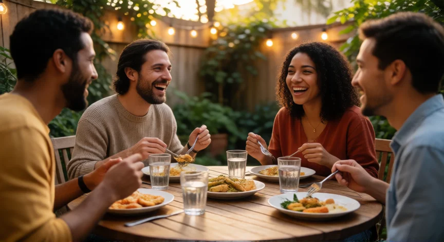 3 consejos para ser feliz, Amigos compartiendo una cena en el jardín con risas y conversación