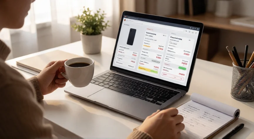 Persona comparando precios de un producto en tres tiendas online desde su ordenador