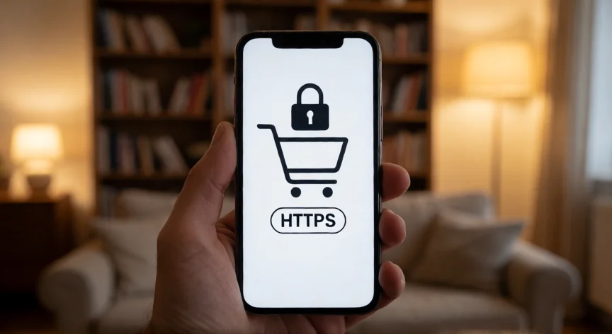 3 consejos para ser un consumidor inteligente en internet, Móvil mostrando una página de pago segura con candado HTTPS mientras se realiza una compra online