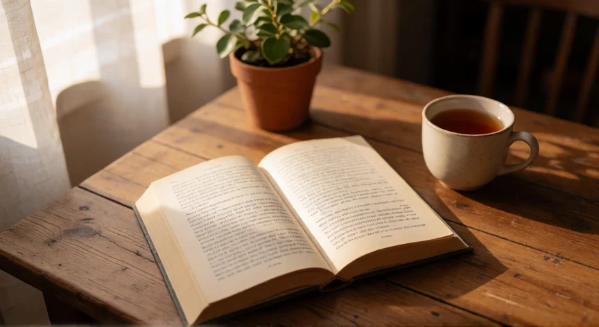 3 consejos para ser una persona mas empatica, Mesa de madera con libro abierto y taza de té en una mañana tranquila