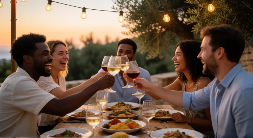 30 consejos para ser feliz, Grupo de amigos compartiendo una cena al aire libre riendo bajo luces cálidas