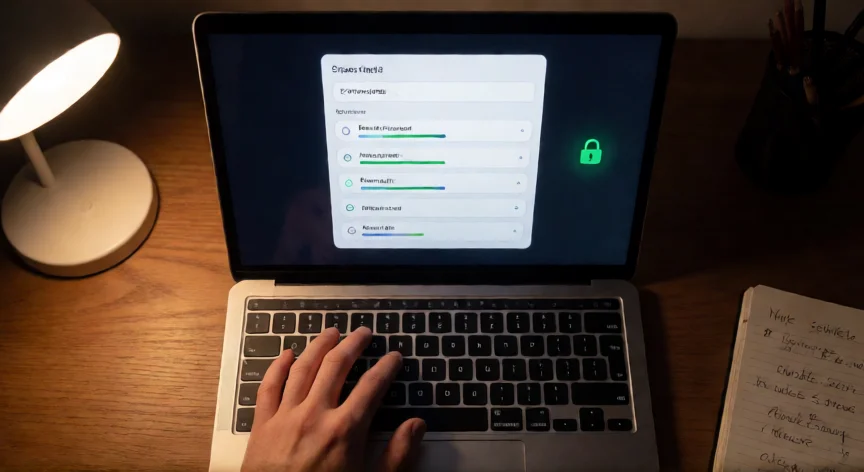 4 consejos para prevenir ser victima de engaños en internet, Mano tecleando en un portátil con un gestor de contraseñas visible en pantalla