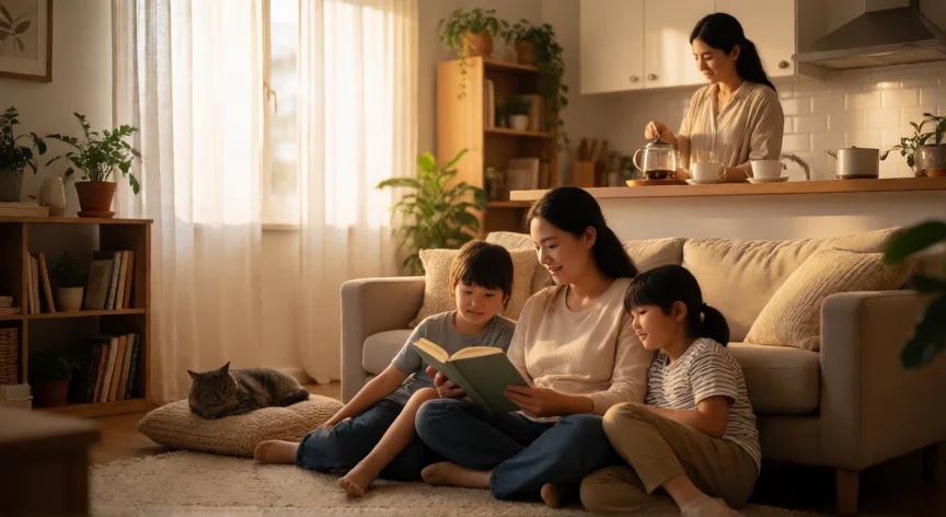 5 consejos para practicar y promover la paz en la familia, Familia compartiendo un momento de calma y lectura en la sala de estar con luz natural