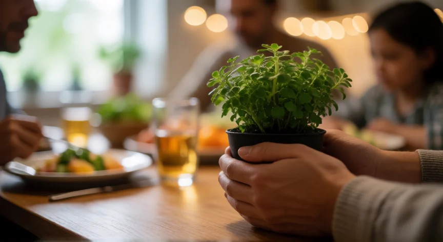 5 consejos para practicar y promover la paz en la familia, Manos cuidando una planta pequeña sobre la mesa del comedor familiar, simbolizando el cuidado diario