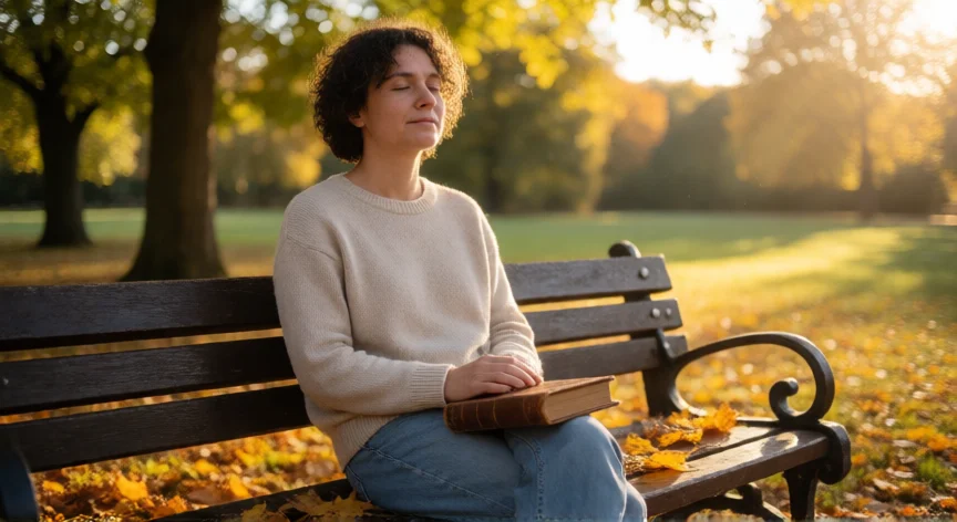 5 consejos para ser empático, Persona en reflexión personal en un banco de parque al atardecer