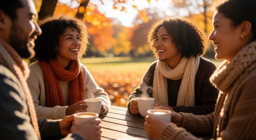 5 consejos para ser feliz, Grupo de amigos compartiendo café y risas en un parque otoñal