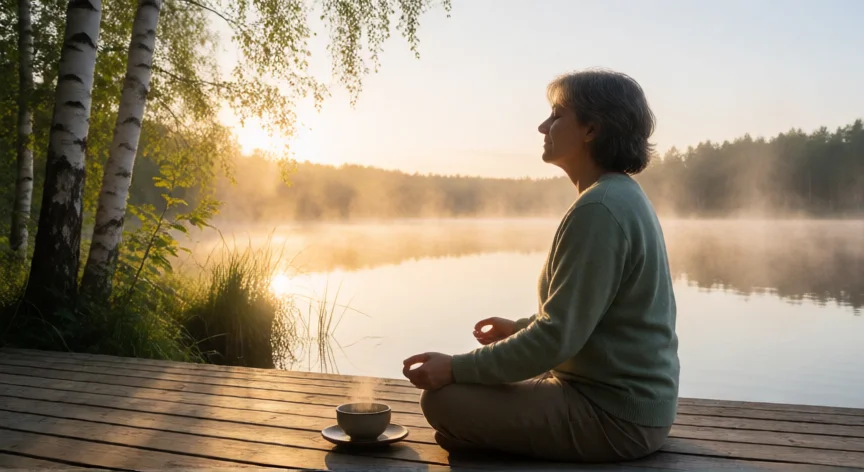 5 consejos para ser feliz, Persona meditando al amanecer junto a un lago en calma