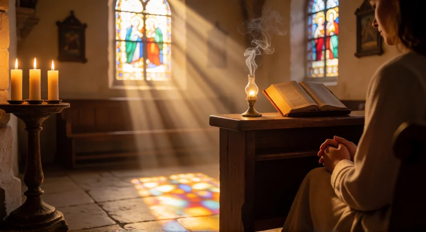 5 consejos para ser más dóciles al espíritu santo, Persona en oración silenciosa en una capilla católica iluminada por velas
