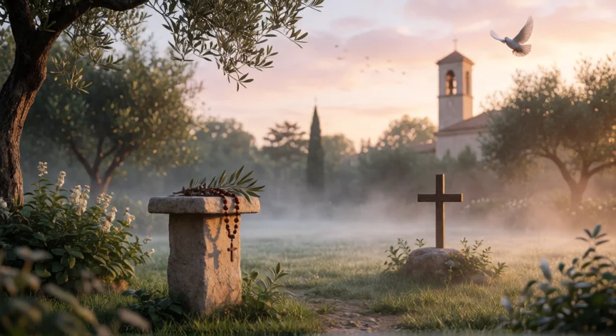 5 consejos para ser más dóciles al espíritu santo, Jardín al amanecer con un altar, rosario y paloma en el cielo