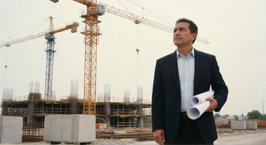 5 consejos para ser millonario de carlos slim, Empresario mexicano en una obra de construcción, representando el origen del imperio de Carlos Slim
