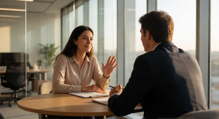5 consejos para ser percibido como el candidato ideal, Candidata en entrevista de trabajo manteniendo una conversación fluida y segura con el reclutador
