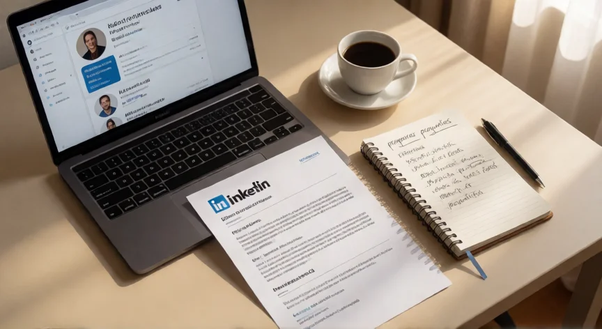5 consejos para ser percibido como el candidato ideal, Escritorio ordenado con preparación de entrevista: CV, notas y portátil abierto