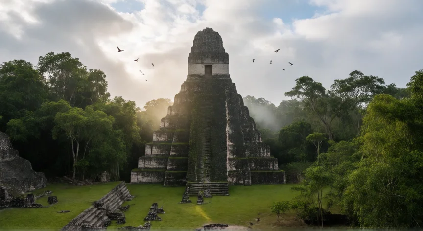 5 cosas que hicieron los mayas, Pirámide de Tikal emergiendo de la selva de Guatemala al amanecer