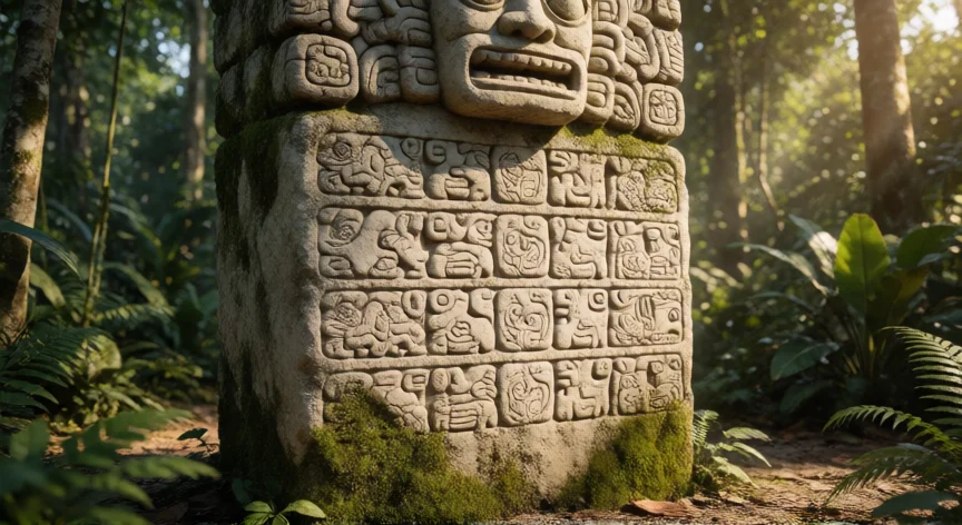 5 cosas que hicieron los mayas, Estela maya con glifos tallados en piedra caliza en medio de la selva