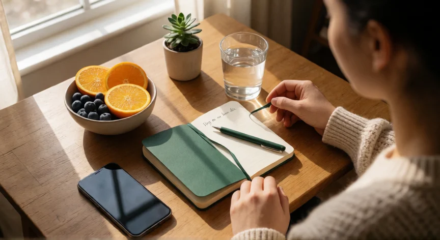 50 consejos para ser feliz, Mesa de mesa con rutina matutina: diario de gratitud, agua, fruta y planta, simbolizando hábitos saludables para la felicidad