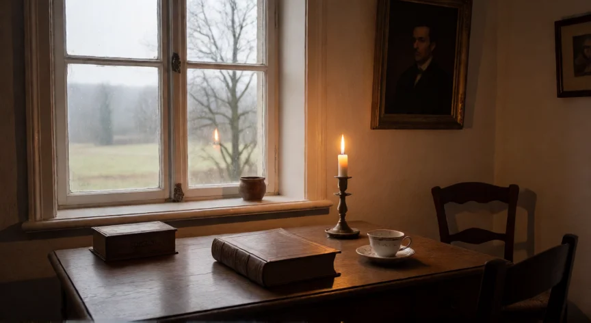 50 consejos para ser feliz schopenhauer, Estudio de Schopenhauer con libro abierto y paisaje melancólico por la ventana