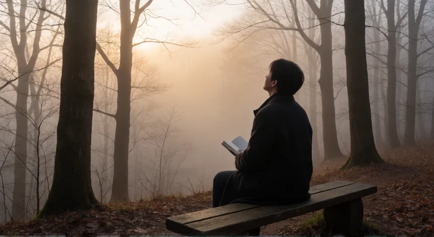 50 consejos para ser feliz schopenhauer, Persona contemplando la naturaleza en un bosque con niebla al amanecer