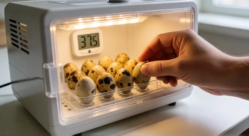 7 consejos para criar codornices, Huevos de codorniz en incubadora casera con termostato digital a 37,5 grados