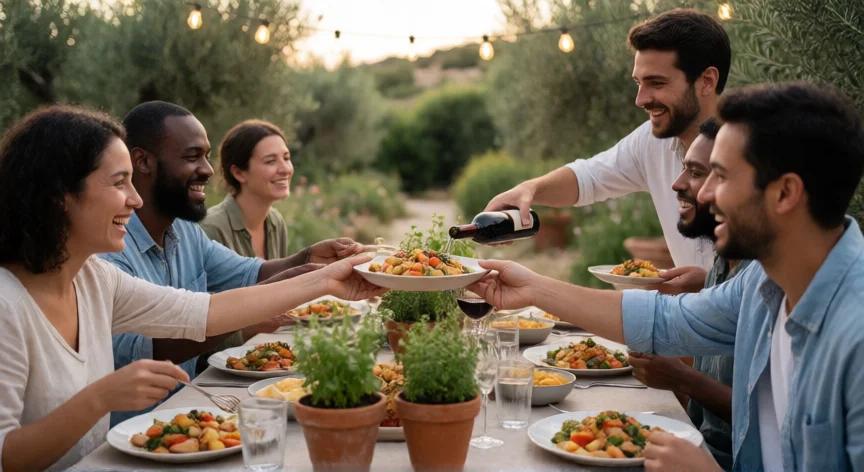7 consejos para ser feliz, Grupo de amigos compartiendo una cena al aire libre en un jardín mediterráneo