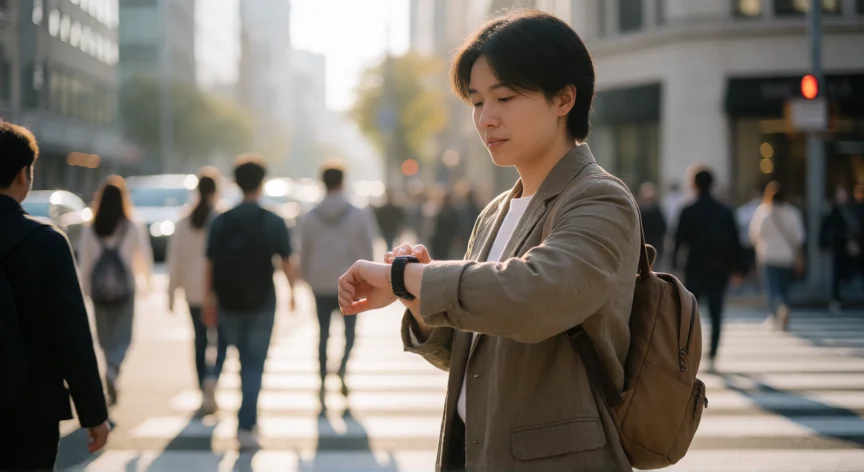 7 consejos para ser más puntual, Persona mirando su reloj de pulsera en una ciudad, calmo y preparado para llegar a tiempo