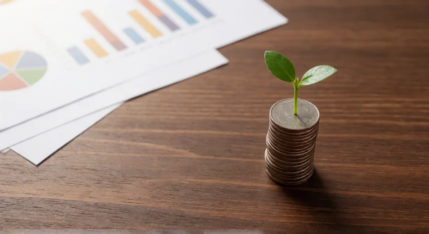 7 consejos para ser millonario, Planta joven brotando de una pila de monedas simbolizando el crecimiento del ahorro e inversión