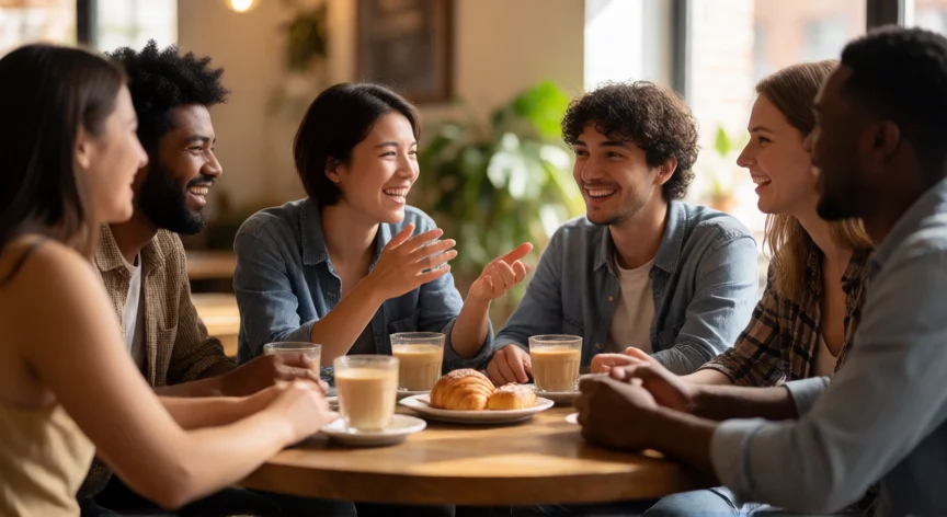 75 consejos para ser popular, Grupo de amigos riendo y conversando en una cafetería iluminada con luz natural
