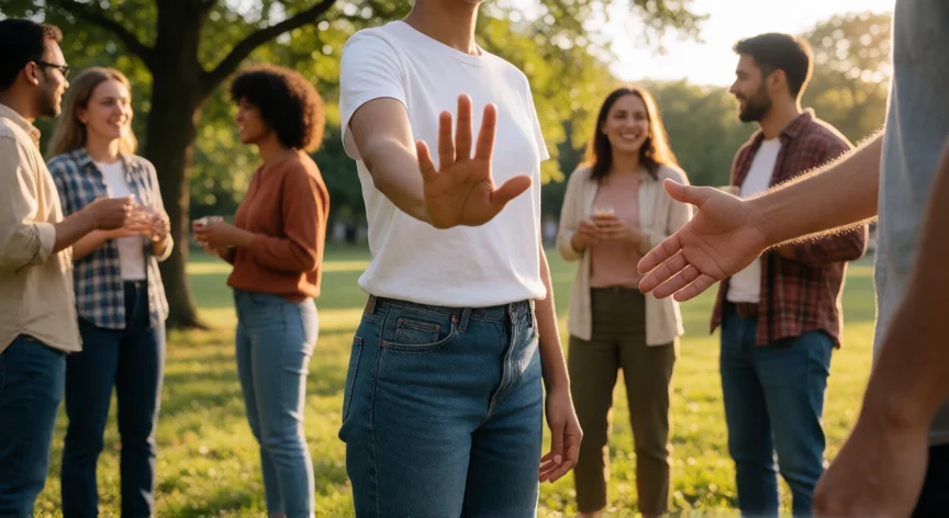 75 consejos para ser popular, Persona dando la bienvenida a alguien nuevo en una reunión al aire libre al atardecer