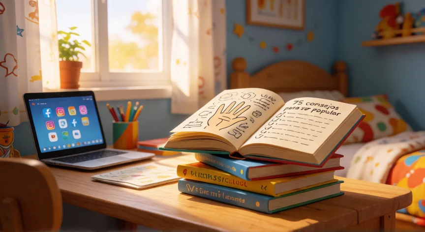 75 consejos para ser popular maría frisa, Libro de María Frisa abierto sobre un escritorio con luz cálida