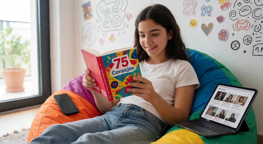 75 consejos para ser popular maría frisa, Joven lectora con libro de la serie 75 Consejos y redes sociales