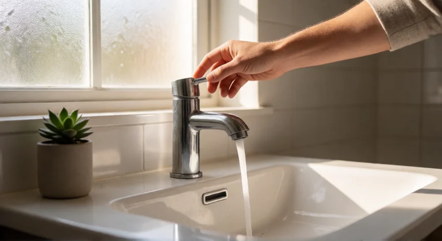8 consejos para cuidar el agua, Grifo con aerador ahorrador en un baño bien iluminado