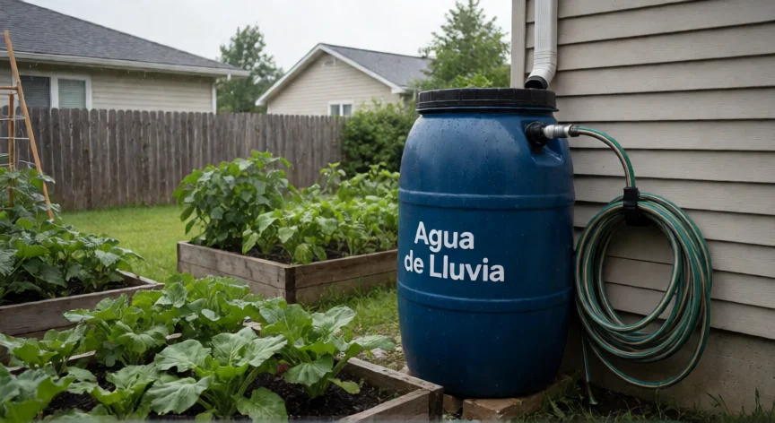 8 consejos para cuidar el agua, Cisterna de agua de lluvia en un jardín con huerto urbano
