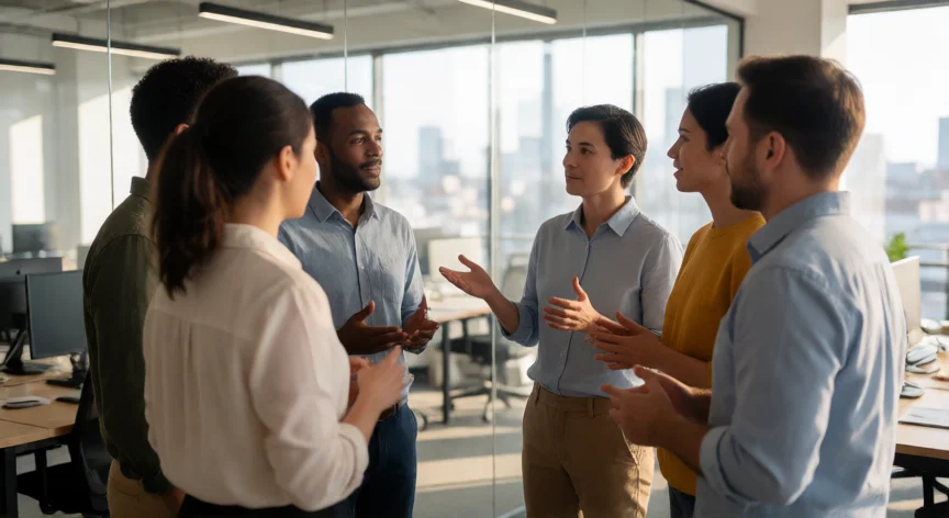 8 consejos para ser mejor profesional, Equipo de profesionales en discusión colaborativa en oficina abierta