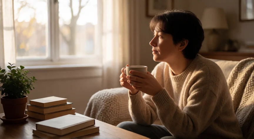 80 consejos para evitar los toxicos, Persona reflexiva tomando té en su espacio personal, protegiendo su paz mental