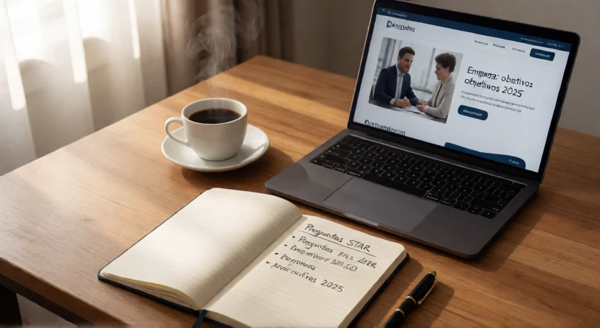 9 consejos para clavar tu entrevista de trabajo, Mesa de preparación con notas del método STAR y laptop para investigar la empresa