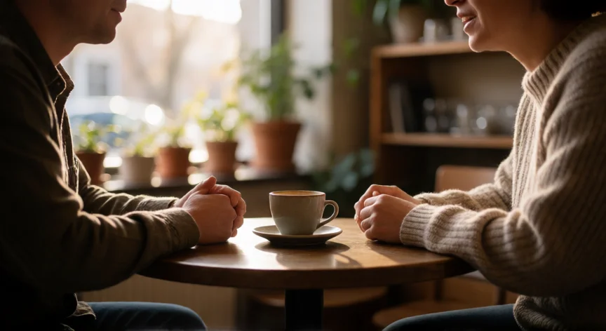 9 consejos para hablar con mujeres, Dos personas conversando de forma relajada en una cafetería de barrio con luz cálida de tarde