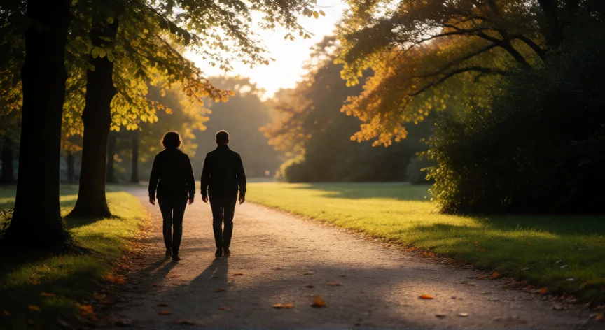 9 consejos para hablar con mujeres, Dos personas caminando juntas por un paseo de parque al atardecer con luz dorada entre los árboles