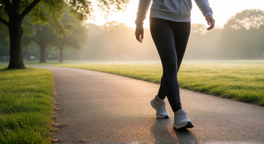 a que hora es mejor andar para adelgazar, Persona caminando al amanecer en un parque para perder peso