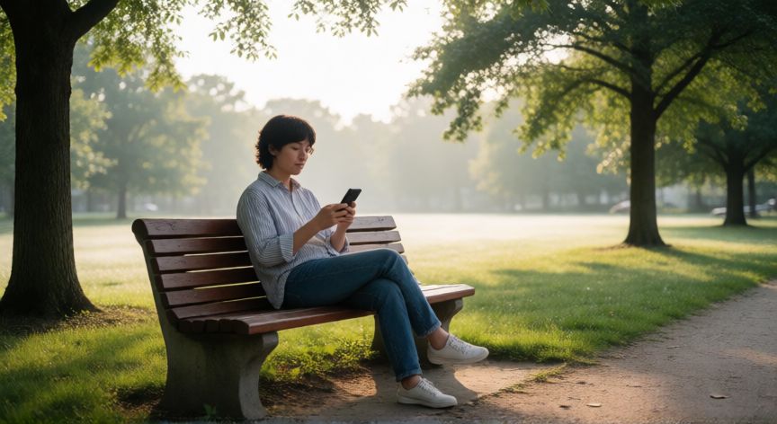 a veces es mejor andar solo que mal acompañado, Persona reflexionando en soledad en un parque tranquilo